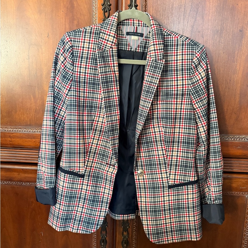 Plaid Notch-Lapel Blazer - Red, Navy, Tan & White